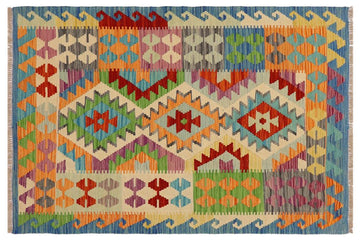Flat Weave Kilim, Antique, Navaho, Vintage, Handmade, Geometric Kilim Blue Rust Hand-Woven Rectangle 100% Wool Area Rug 3 x 5